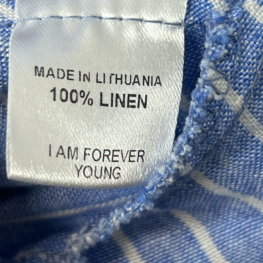 Flax Blue and White Striped Ruffle Neck Line Linen Dress SZ S EUC - Picture 5 of 7